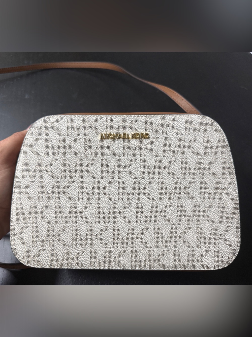 Michael Kors White Logo Crossbody with Brown Strap and Gold Hardware